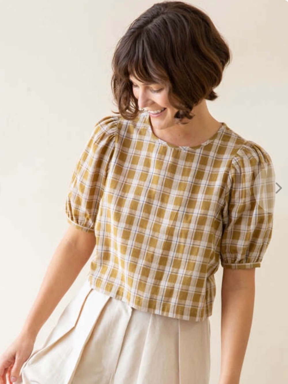 Ali Golden Olive Puff Sleeve Top Medium Cropped Blouse Womens Short